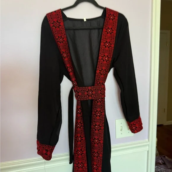 Black Maxi Cardigan Palestinian with Red Embroidered Trim - Picture 5 of 6